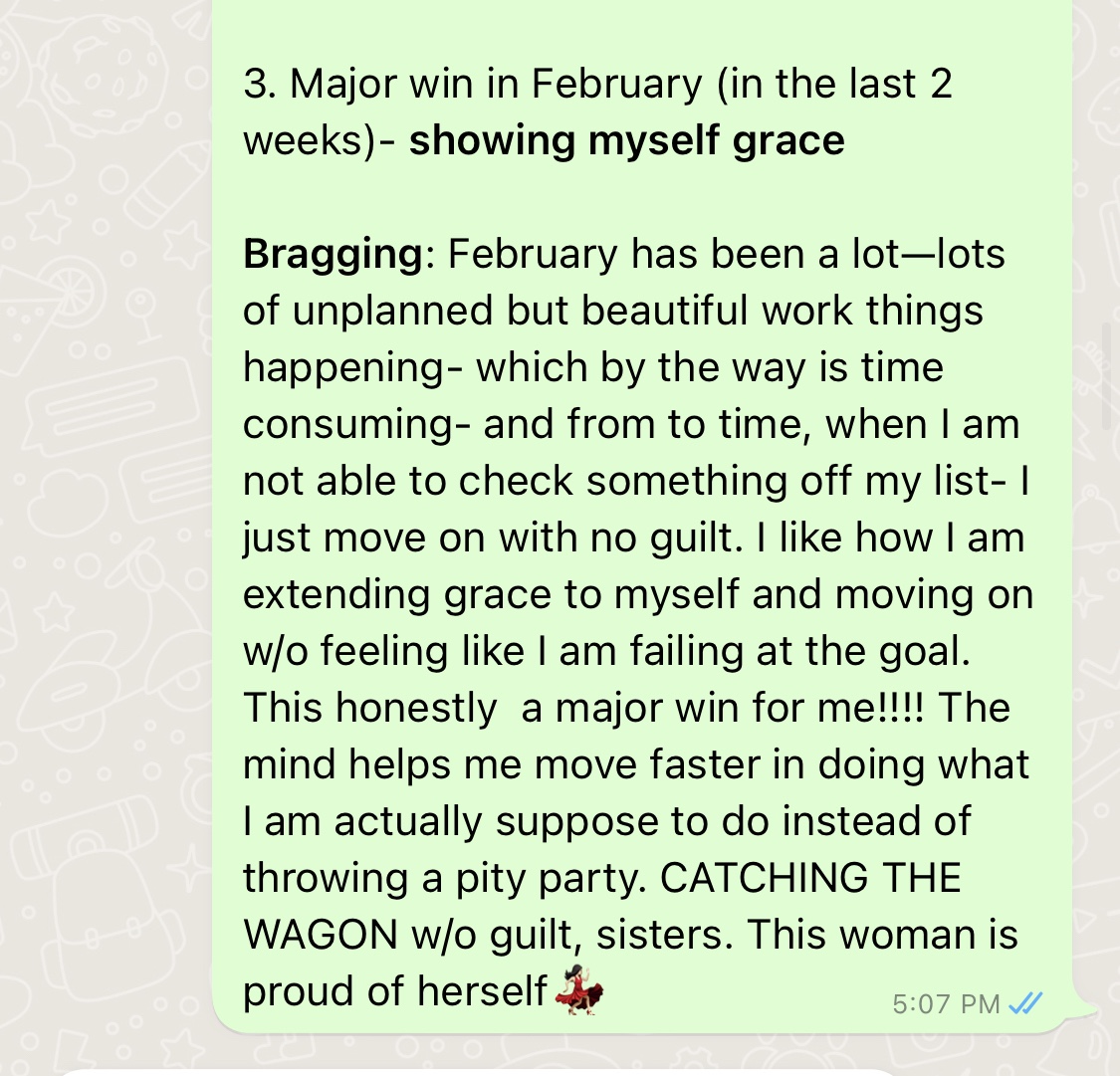 WhatsApp message about showing myself grace as a major February win.